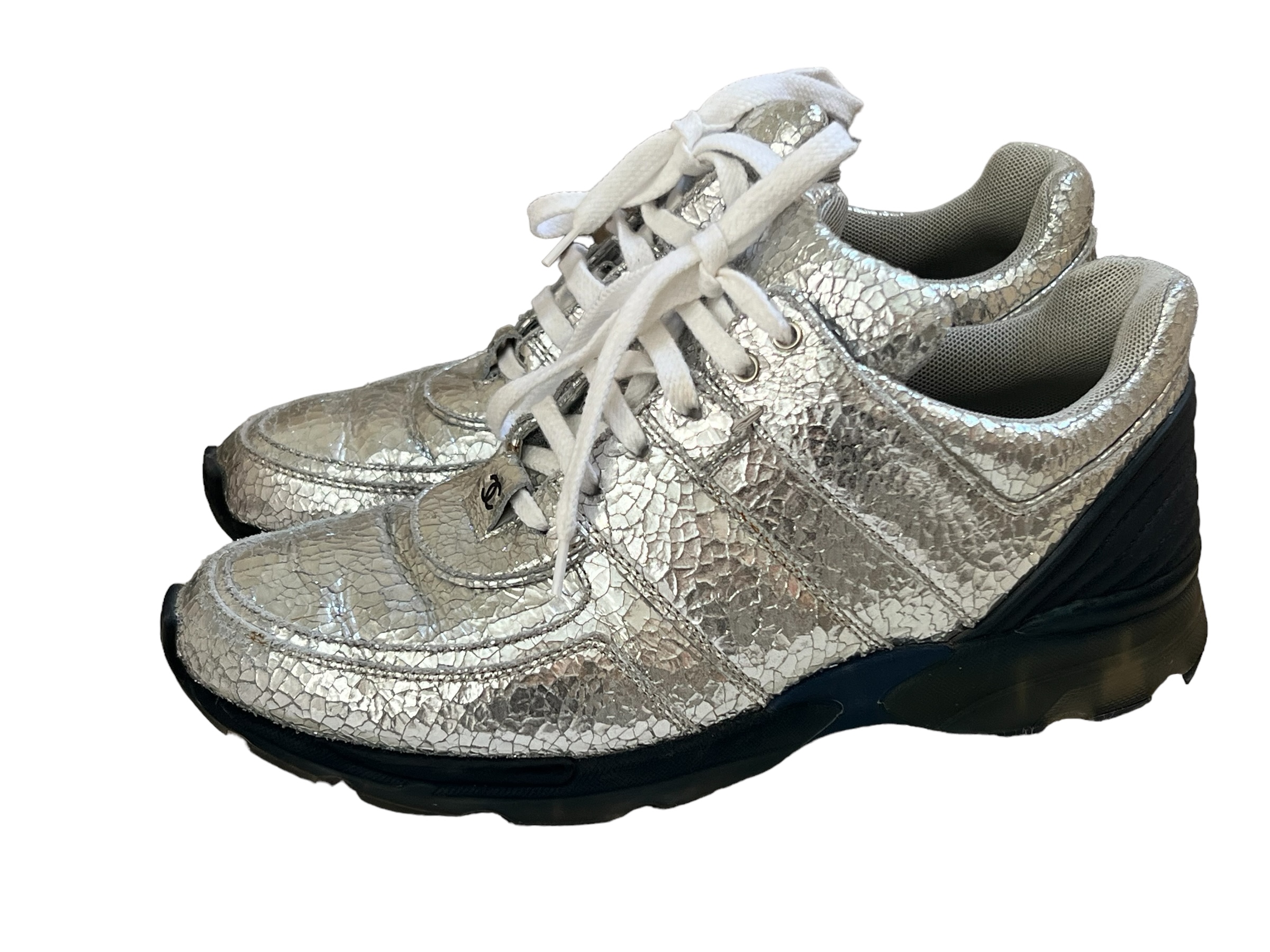 Chanel silver leather sneakers